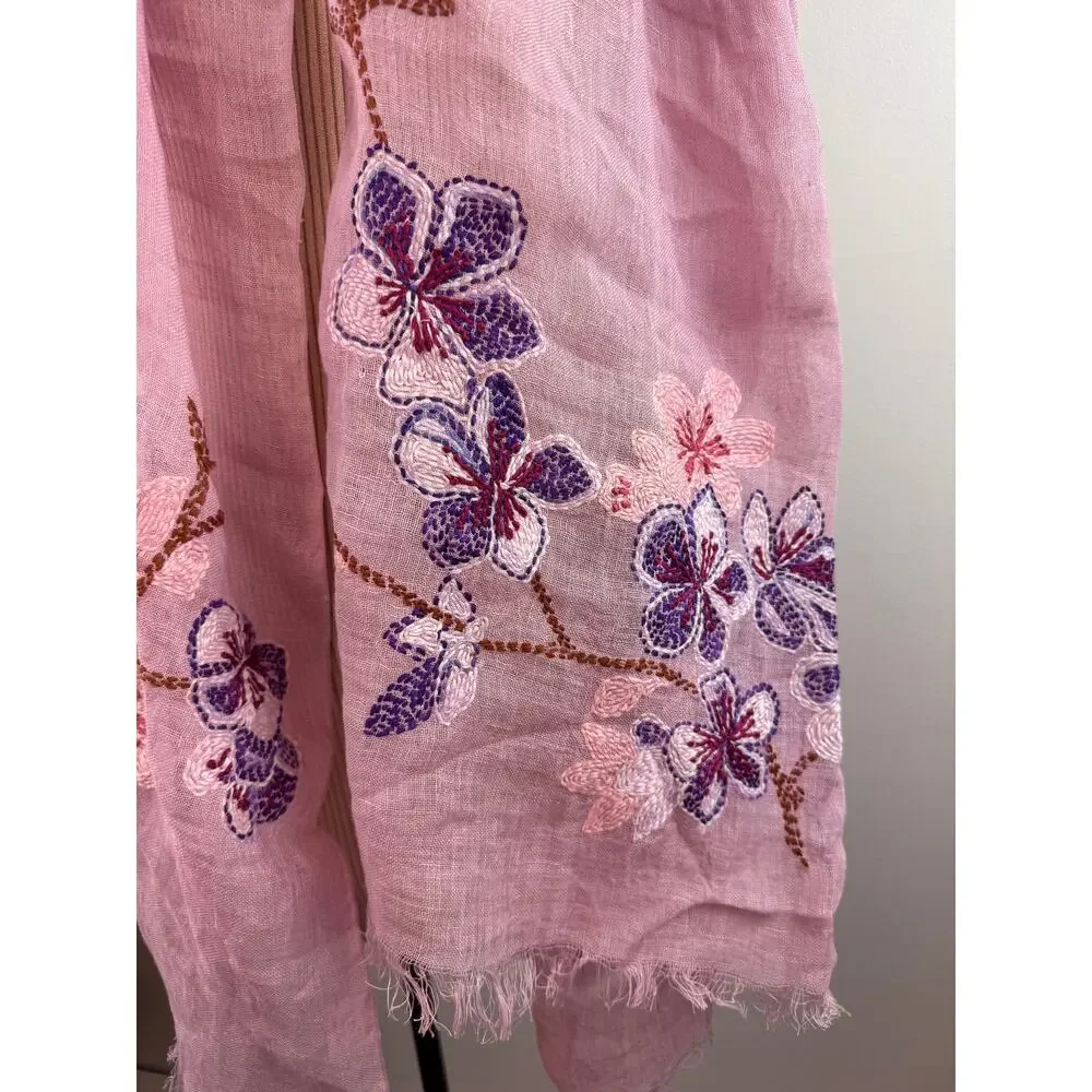 Pink Scarf Linen Embroidered Needle Floral Around Neck Raw Hem Summer Wild Shawl